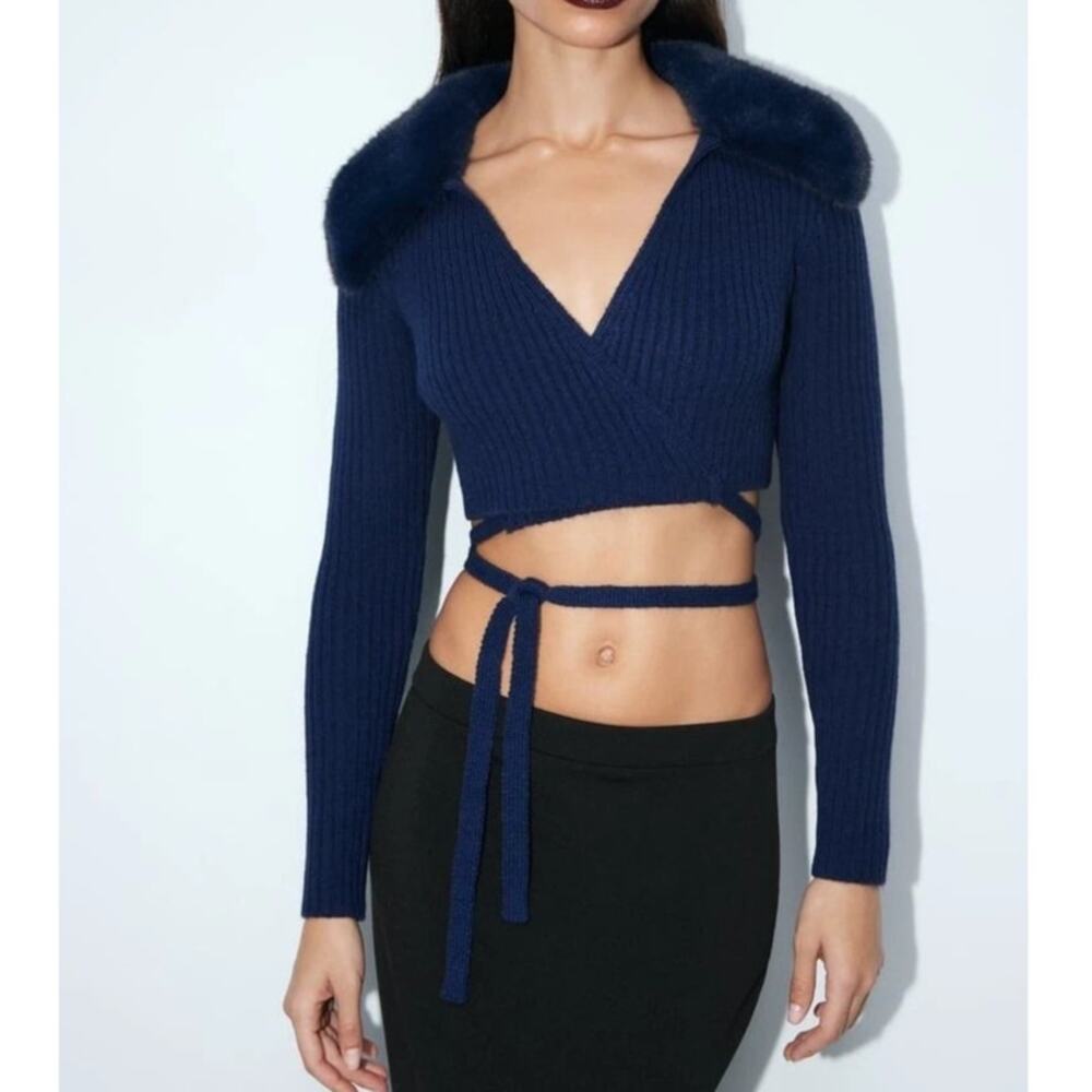 Zara Faux Fur Lapel Collar Knit Cardigan Rib Knit Sweater Wrap Jumper Crop Top